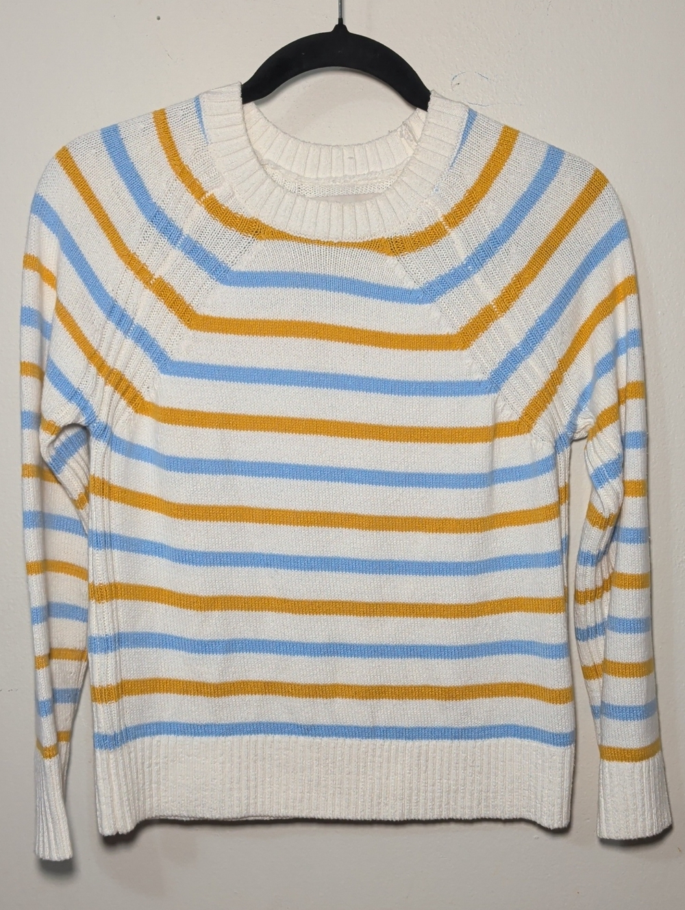 Loft Striped Crewneck Sweater Ivory, Light Blue & Mustard Yellow Women Size XXSP